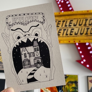 Beetlejuice Maitland & Lydia Deetz’s House Dotwork Handdrawn A6 Postcard print // on Recycled Grey Card Tim Burton Betelguese Movie