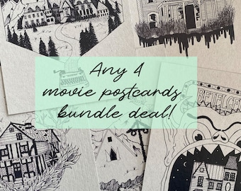 Any FOUR Postcards Bundle Deal // Hand Drawn Horror Movie dotwork prints
