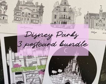 Disney Parks 3 Postcard Bundle - Sleeping Beauty's Castle, Haunted Mansion and Tower of Terror Prints