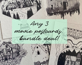 Any THREE Postcards Bundle Deal // Hand Drawn Horror Movie dotwork prints