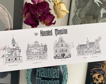 Haunted Mansions Around the World - Disney Parks A5 long Hand Drawn Print // Phantom Manor Disneyland Paris Tokyo Hong Kong Mystic Manor