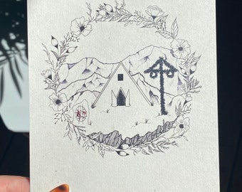 Ari Aster’s Midsommar Movie Dotwork Postcard Print // A24 Yellow Pyramid floral A6 hand drawn print on recycled card