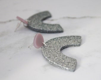 Silver and Pink Handmade Statement Resin Earrings