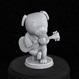 May include: A grey figurine of a dog playing a guitar. The dog is standing on a round base. The guitar is a light grey colour and has a dark grey neck.