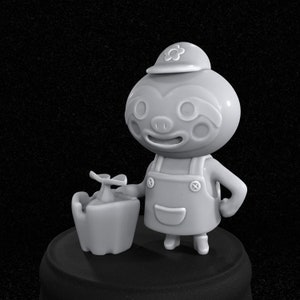 May include: A grey 3D printed figurine of a sloth wearing a hat with a flower on it and overalls. The sloth is holding a small grey pot with a plant in it.