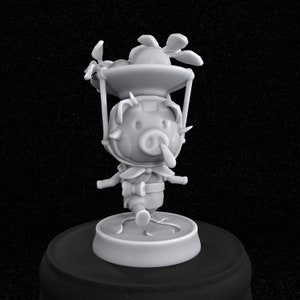 May include: A grey, 3D printed figurine of a pig wearing a hat and holding a basket of fruit. The pig is standing on a round base.