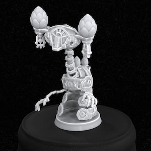 May include: A white, 3D printed miniature of a skeletal creature with a large eye and a base. The creature has a skeletal body with a large eye on its head and a base with a circular design. The creature is holding a staff with two orbs on top.