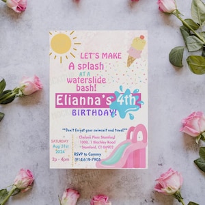 Puede incluir: Una invitación de cumpleaños rosa y azul para una fiesta de cumpleaños número 4 con temática de tobogán de agua. La invitación presenta un sol de dibujos animados, un cono de helado y un tobogán de agua rosa. El texto dice "Let's make a splash at a waterslide bash! Elianna's 4th Birthday! Don't forget your swimsuit and towel!"  Sábado, 31 de agosto de 2024, de 2:00 p. m. a 4:00 p. m. Chelsea Piers Stamford, 1000. 1 Blachley Road, Stamford, CT 06902. RSVP a Cammy (914)619-7905.