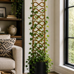 May include: A tall, vertical brown wooden plant trellis featuring a repeating infinity symbol pattern. The trellis is inserted into a large, solid black cylindrical planter, with a green vining plant growing upwards and wrapping around the structure.