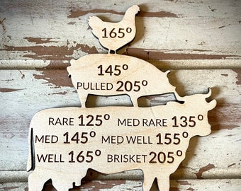 Meat temperature chart for poultry, pork, and beef wood magnet