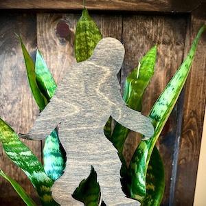 May include: A wooden silhouette of Bigfoot standing in a pot of a green snake plant. The silhouette is painted in a dark gray color.