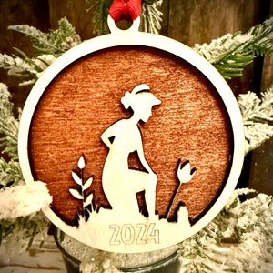 Gardening gardener - female 2 layer personalized laser cut wood Christmas ornament, gift tag available in 12 finishes