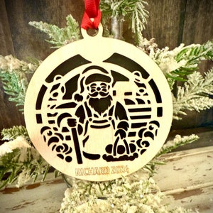 Santa Claus farmer in overalls farming 2-layer personalized laser cut wood Christmas ornament, gift tag available unfinished or stained