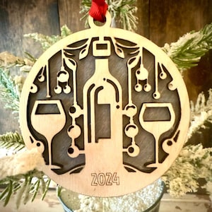 Wine bottle and glasses 2 layer personalized laser cut wood Christmas ornament, gift tag available in 12 finishes