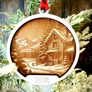 Winter scene 3D relief engraved with sack and stack of gifts 2-layer personalized laser cut wood Christmas ornament, gift tag.