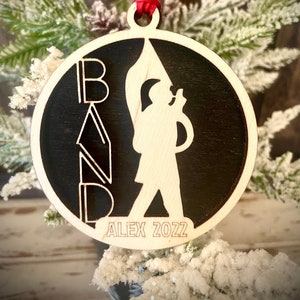 Marching band tuba sousaphone player 2-layer personalized laser cut wood Christmas ornament, gift tag available unfinished or stained