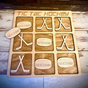 Hockey game - Tic Tac Hockey.  Laser engraved and cut wood hockey game available in 12 finishes.  Great hockey gift, birthday gift