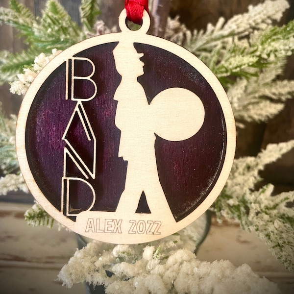 Marching band cymbal player 2-layer personalized laser cut wood Christmas ornament, gift tag available unfinished or stained v. 15 of 18