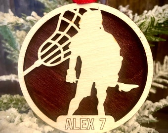 Lacrosse player 2-layer personalized laser cut wood Christmas ornament, gift tag available unfinished or stained (version 2 of 16)