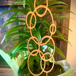 May include: A wooden plant stake with a decorative design of overlapping circles. The stake is brown and is placed in a green potted plant.