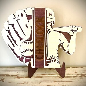 Personalized Custom Baseball Glove Sign / Plaque with player name and number engraved-split design