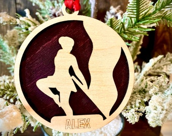 Color guard flag 2-layer personalized laser cut wood Christmas ornament, gift tag available unfinished or stained version 1 of 6