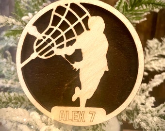 Lacrosse player 2-layer personalized laser cut wood Christmas ornament, gift tag available unfinished or stained (version 3 of 16)