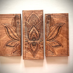 Lotus Flower Mandala Holz 3-teiliges Panel Magnet Set in natur oder 11 anderen Ausführungen