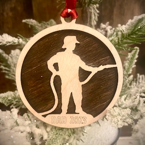 Firefighter Fireman with hose 2-layer personalized laser cut wood Christmas ornament, gift tag available unfinished or stained Vers. 1 of 2