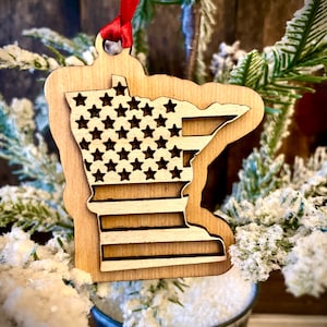 Minnesota US Flag 2-layer ornament laser cut wood ornament or gift tag available unfinished or 11 other finish choices