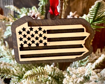Pennsylvania US Flag 2-layer ornament laser cut wood ornament or gift tag available unfinished or 11 other finish choices