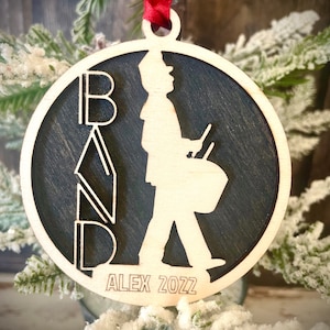 Marching band snare drum player 2-layer personalized laser cut wood Christmas ornament, gift tag available unfinished or stained v. 4 of 18