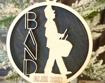 Marching band snare drum player 2-layer personalized laser cut wood Christmas ornament, gift tag available unfinished or stained v. 4 of 18