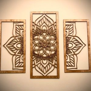 Flower mandala wood wall art, 3 panel in available in multiple sizes and finishes, decor wall art original
