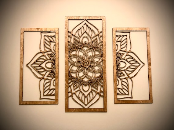 Arte de pared de madera mandala de flores, 3 paneles en acabado natural u  otros 11, arte de pared de decoración original -  México