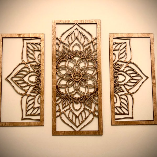 Flower mandala wood wall art, 3 panel in natural or 11 other finishes, decor wall art original