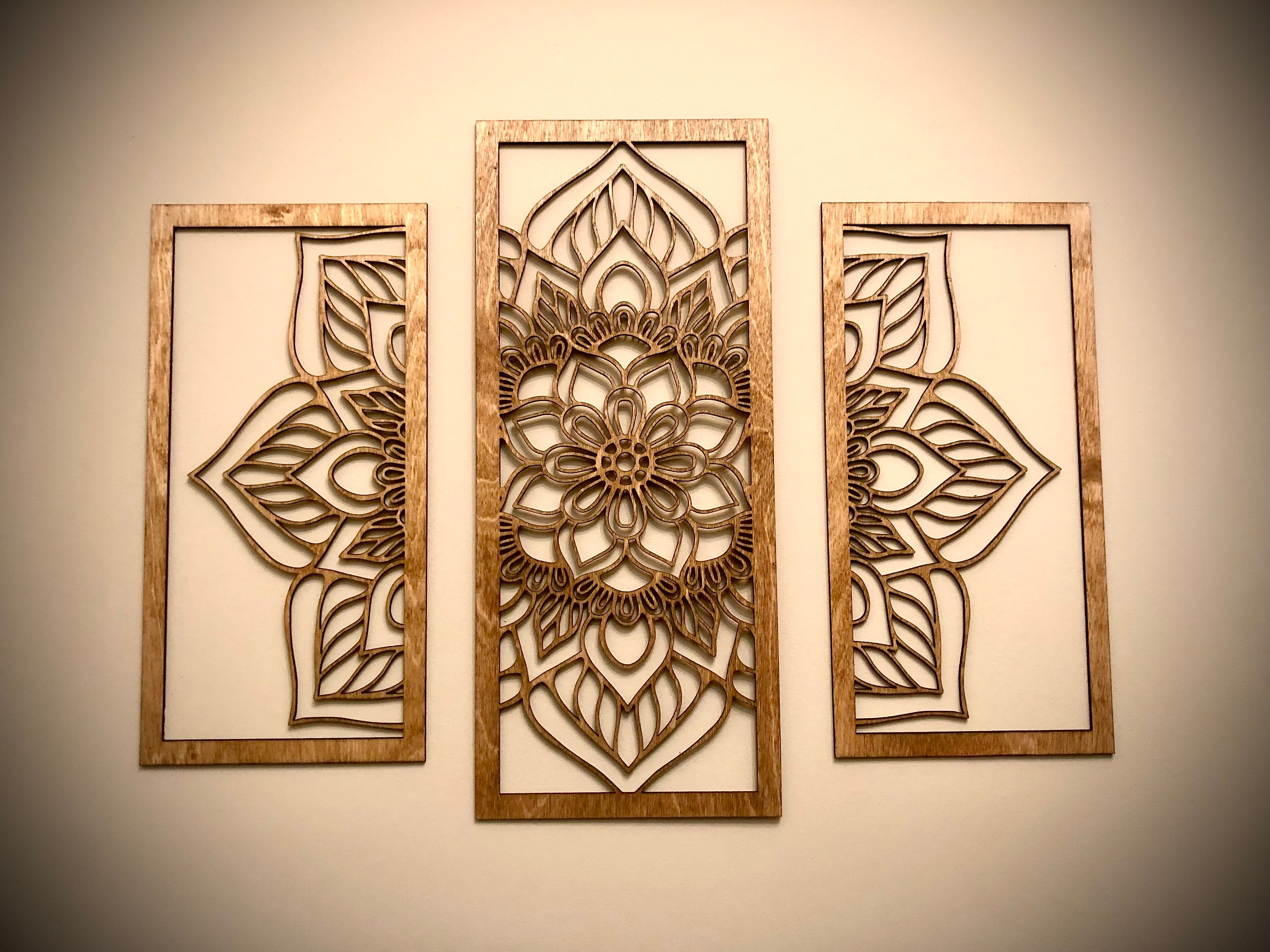3 paneles - Impresión de mandala sobre madera, 3 piezas de arte de pared  envuelto en galería para dormitorio, sala de estar, baño, oficina,  enmarcado