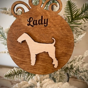 Airedale Terrier dog breed ornament laser cut wood ornament or gift tag available unfinished or 11 other finish choices.