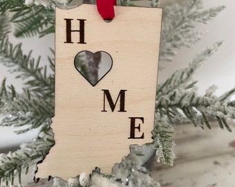 Indiana HOME ornament laser cut wood ornament, Indiana gift tag available unfinished or 11 other finish choices