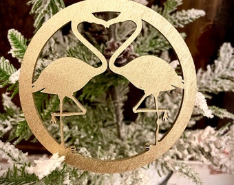 Boho-moderne Art-Deco-Doppelflamingo-Holzornamente in leuchtendem Gold oder 14 weiteren Ausführungen