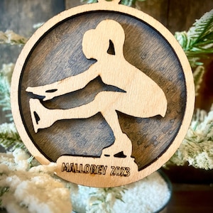 Figure Skating skater 2-layer personalized laser cut wood Christmas ornament, gift tag available unfinished or stained #4 of 10.