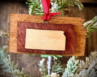 Kansas 3-layer stacked state ornament laser cut wood ornament, Kansas gift tag available in brown tones or gray tones