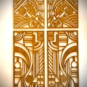 Boho Modern Frank Lloyd Wright-inspired Art Deco Geometry wood wall art, mixed 4 panel in 15 finishes, wall decor, wall art original