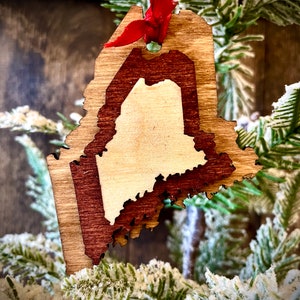 Maine 3-layer stacked state ornament laser cut wood ornament, Maine gift tag available in brown tones or gray tones.