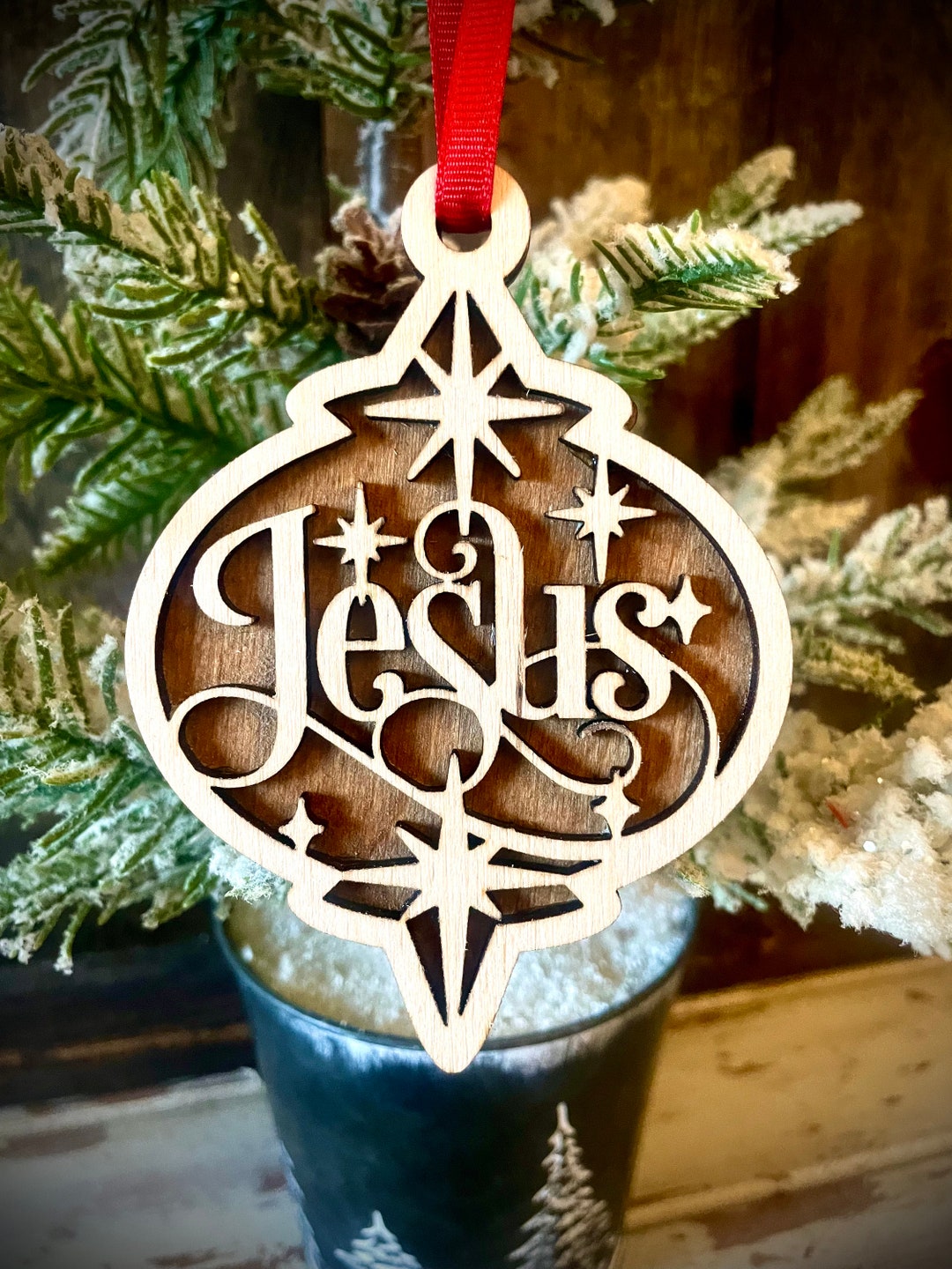 Script Jesus 2-layer Laser Cut Finial Shaped Wood Christmas Ornament ...