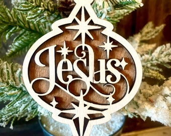 Script Jesus 2-layer laser cut finial shaped wood Christmas ornament, gift tag available unfinished or stained