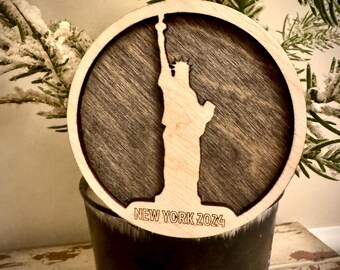 Statue of Liberty (full body) New York 2-layer personalized laser cut wood Christmas ornament, gift tag available in 12 finishes.