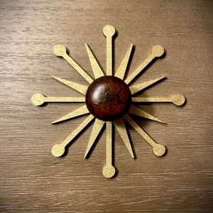 Boho Modern Mid Century Modern Atomic Starburst wood drawer knob or pull accent in bright gold paint or 14 other finishes.  2 pieces. Set Z