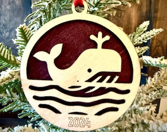 Cute whale surfacing 2-layer personalized laser cut wood Christmas ornament, gift tag available unfinished or stained
