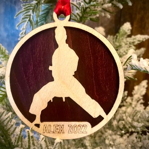 Martial Arts; Karate 2-layer personalized laser cut wood Christmas ornament, gift tag available unfinished or stained (version 3 of 16)